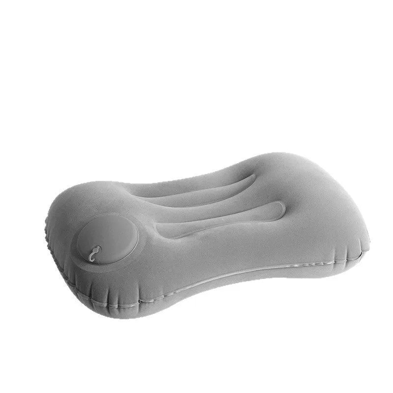 Inflatable travel pillow in flocked gray, navy blue, peacock green or pink colour measuring 45x30x13cm