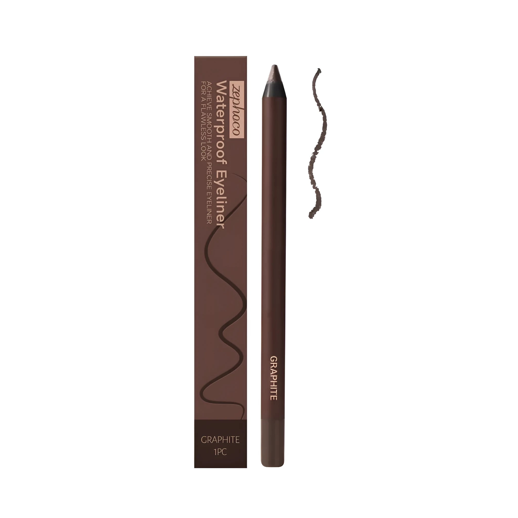 Waterproof liquid eyeliner pen with brush tip in black, bronze, brown, choco, graphite, plum, and stone brown colours.
