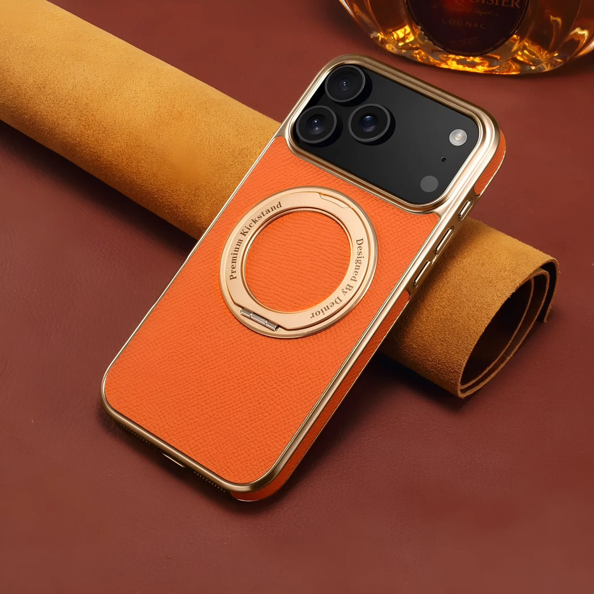 Genuine leather magnetic iPhone case with bracket in green, black, orange or red