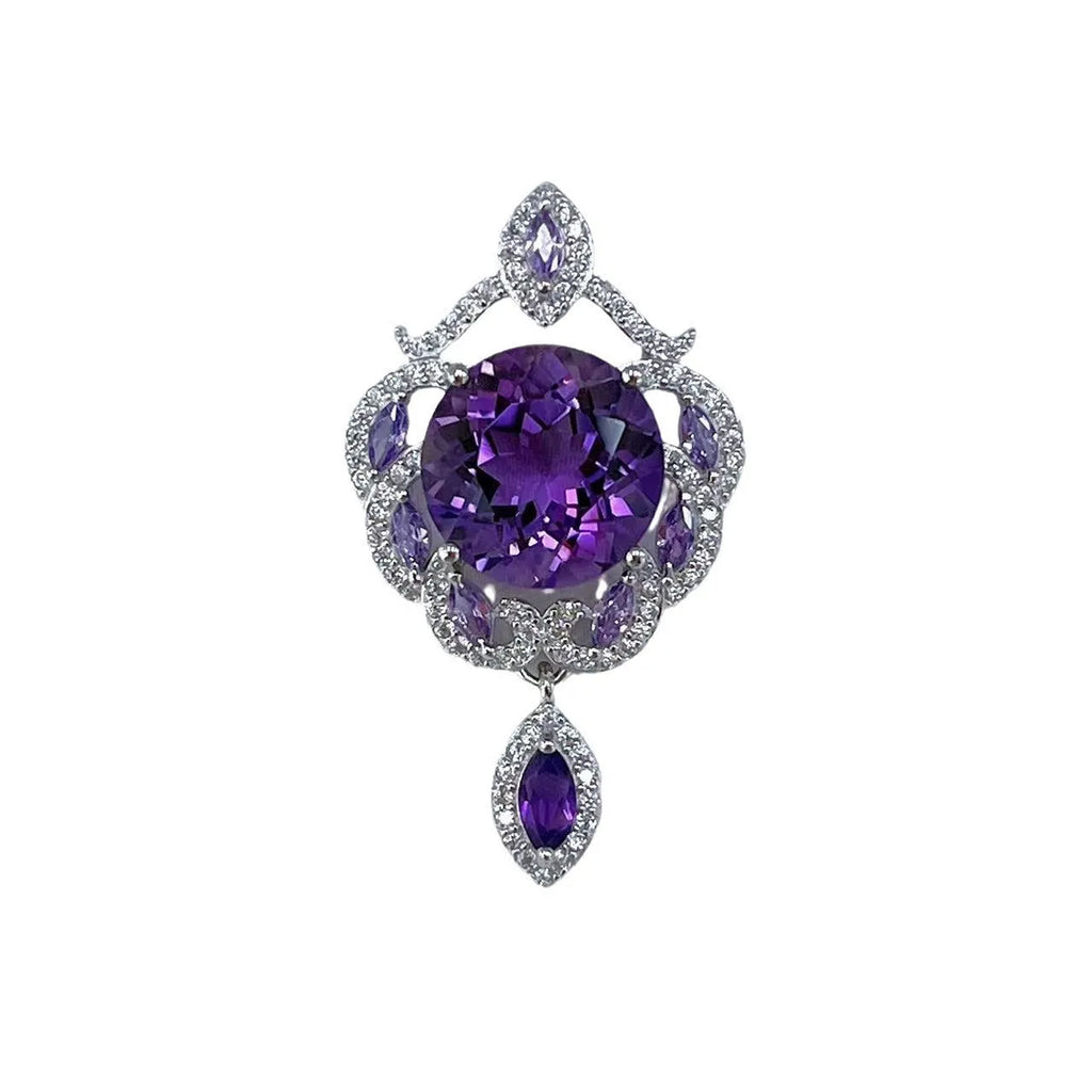 Purple amethyst stone set in platinum-plated silver U-shaped pendant with meteor shower pattern