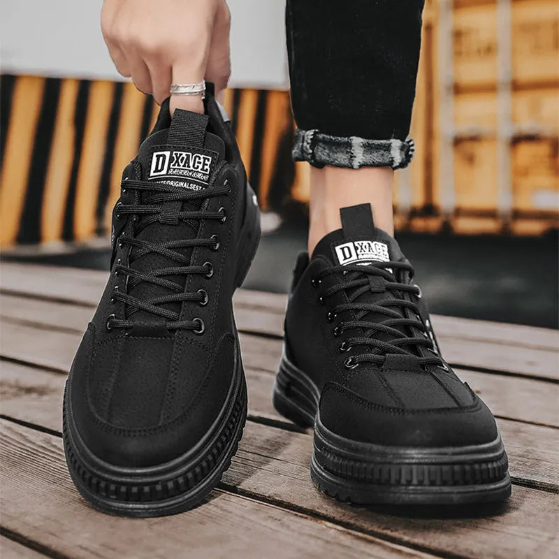 Men's black lace-up casual sneakers with artificial PU upper and rubber sole, flat heel, round toe