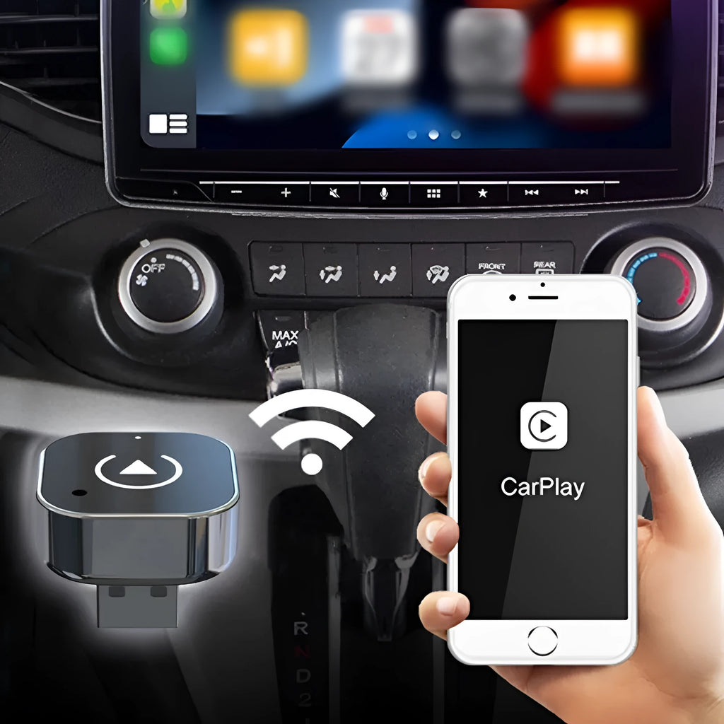 Black wired to wireless CarPlay box with USB interface made of ABS and PC materials