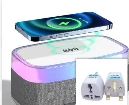 White multifunctional alarm clock with Bluetooth speaker, wireless charging pad, and ambient night light.
