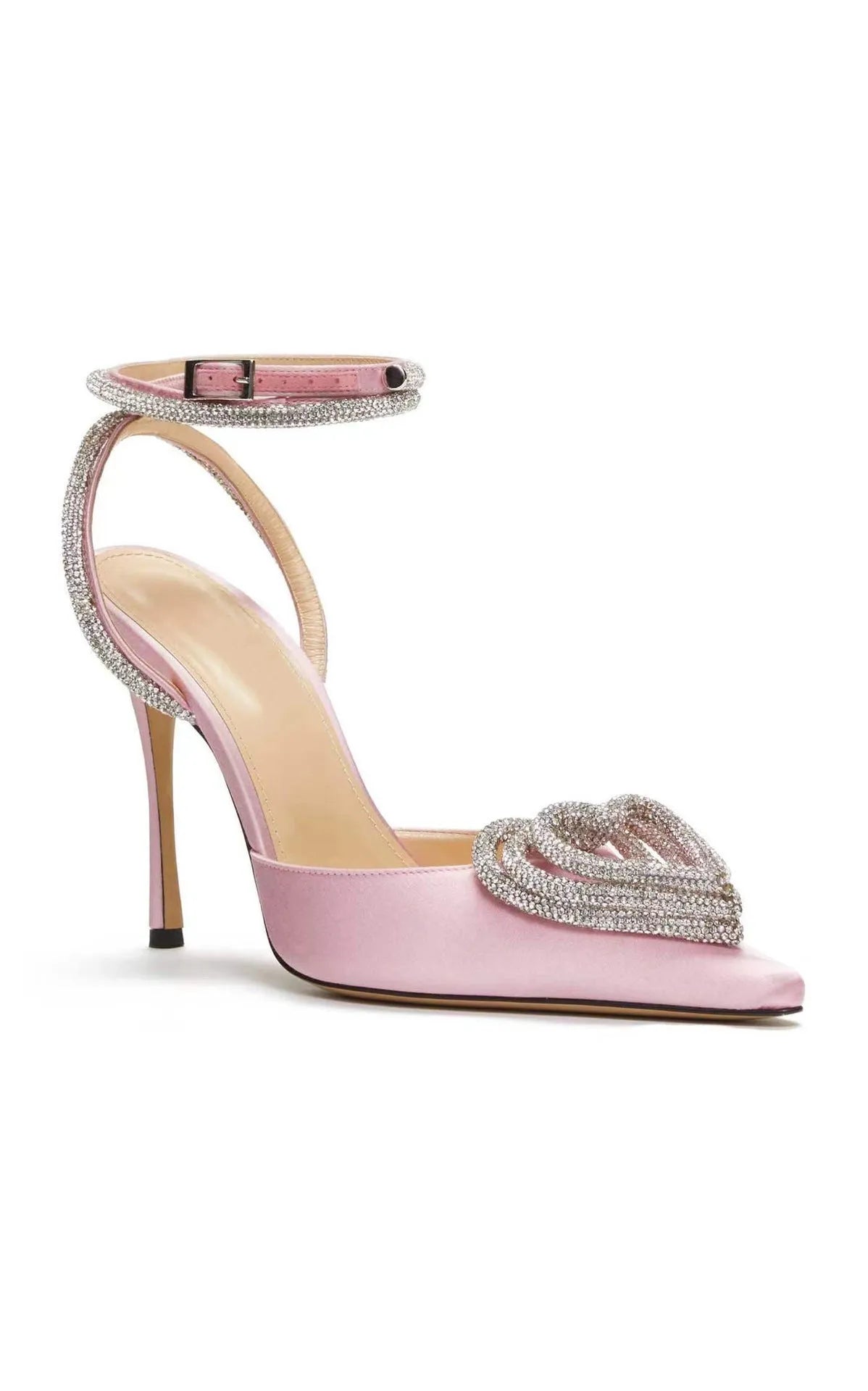 Women's pointed toe sandals with satin upper, heart-shaped rhinestones, and adjustable cross-belt straps.