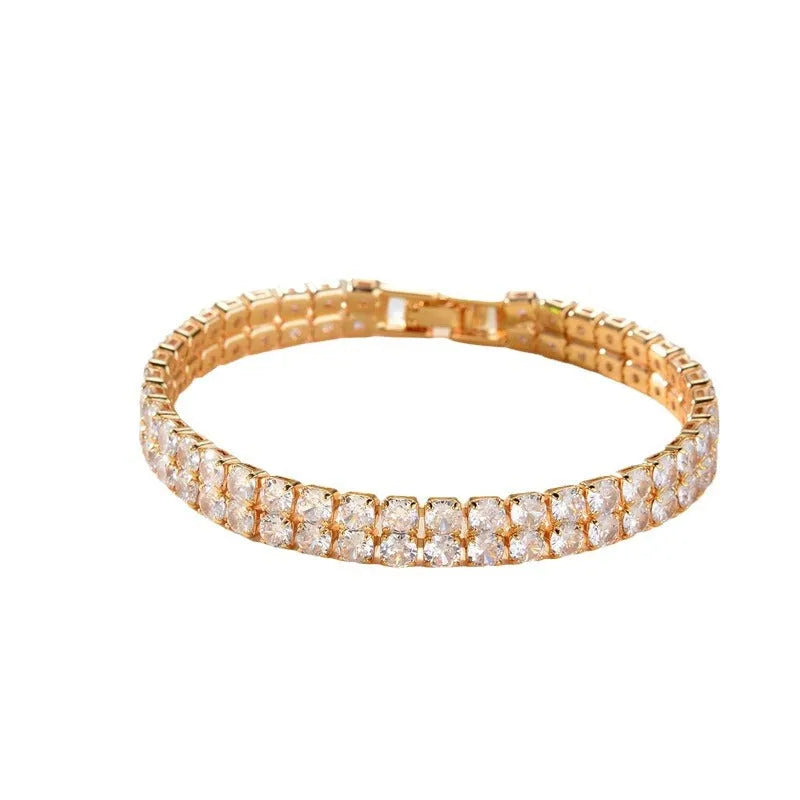 Unisex full diamond zirconia double-row tennis chain bracelet in gold copper electroplate, 7 inches