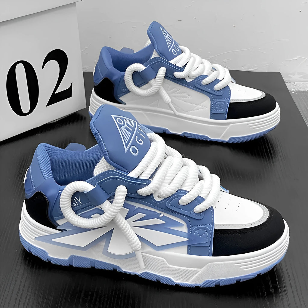 Men's chunky sneakers with thick rubber sole and synthetic leather upper in black, blue, and white colour options