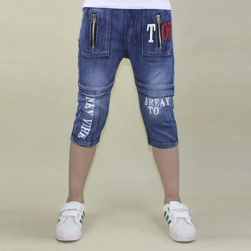 Boys loose stretch cropped jeans high waist cotton blue front view
