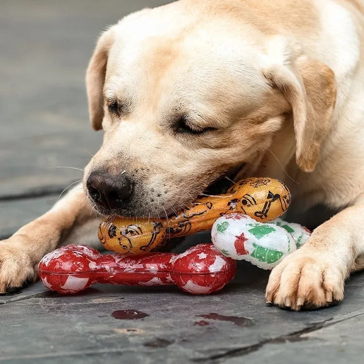 TPR printed bone dog chew toy in red or orange festive colours