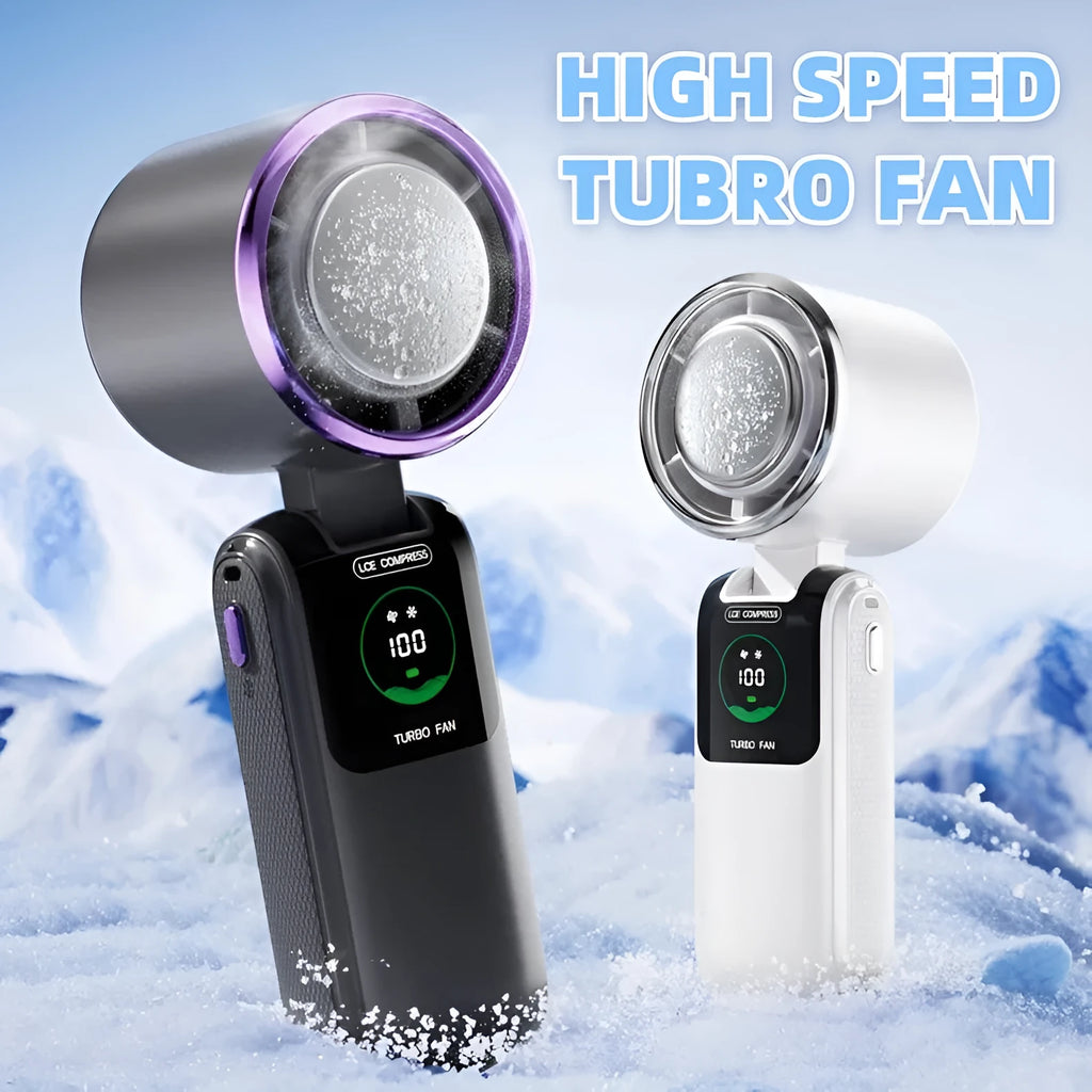 Blue foldable handheld mini fan with neck strap, showing USB port and speed buttons.