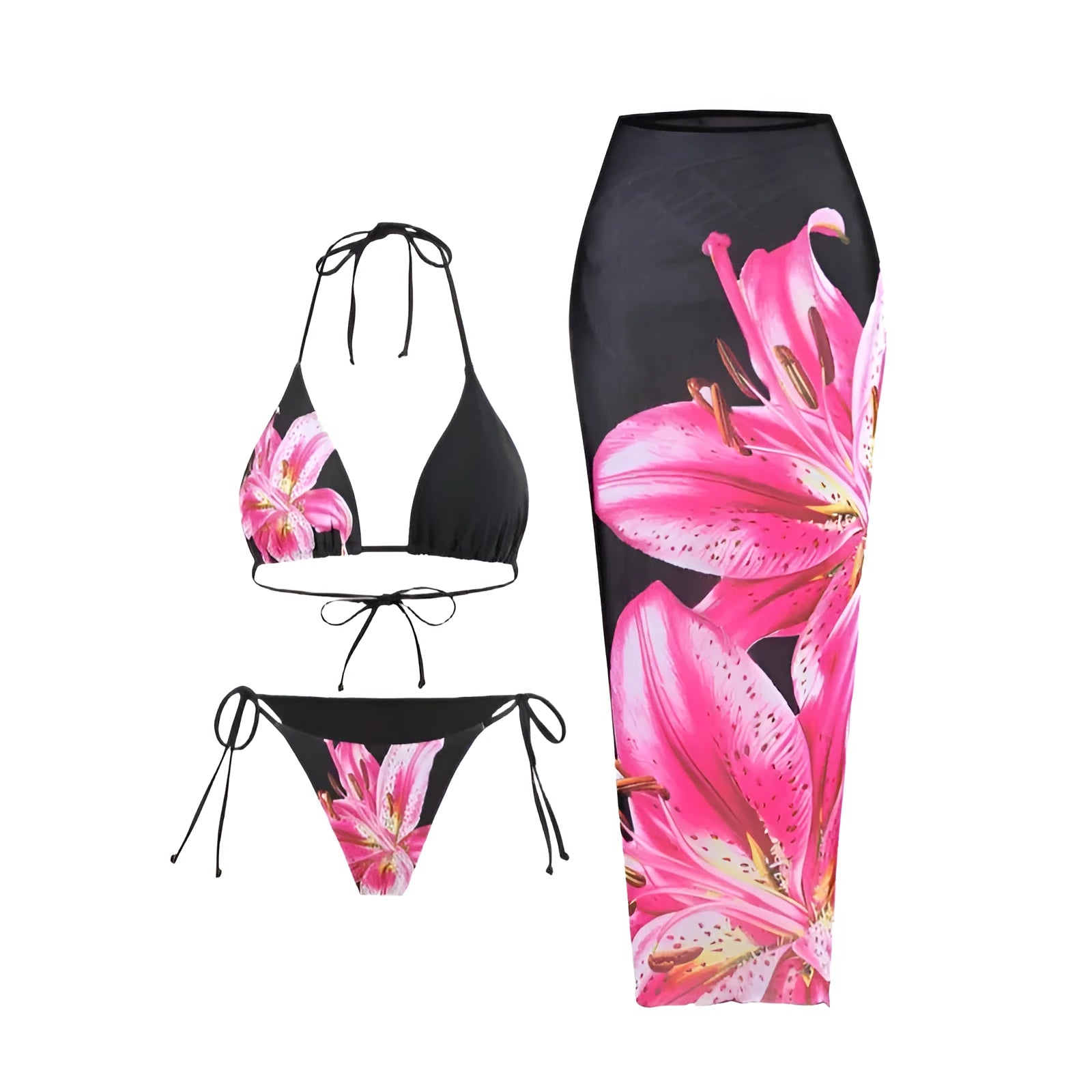 Women's printed bikini three-piece set with black red flowers and matching wrap skirt in polyester