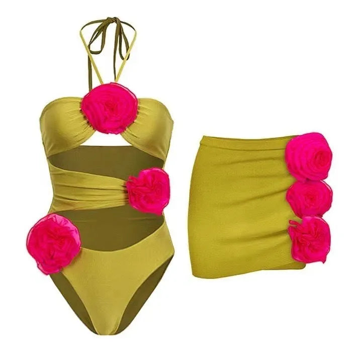 French-style women's one-piece swimsuit in solid colour and hollow out designs with optional separate skirt