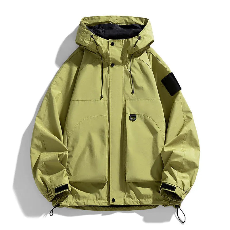 Men's black waterproof windproof hooded jacket on a hanger, showing long sleeves and front zip.