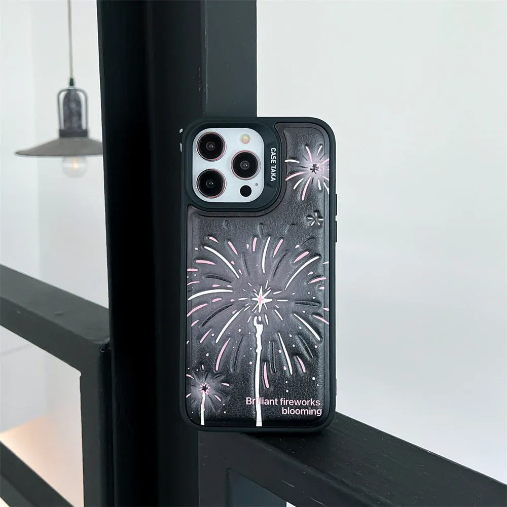 Leather embossed TPU phone case for iPhone with colourful fireworks design