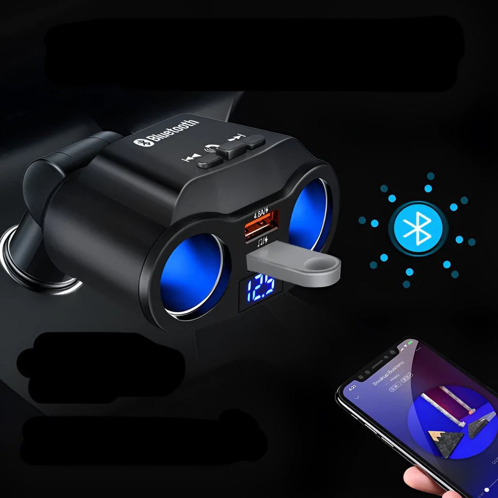 Black car Bluetooth FM transmitter plugged into a vehicle cigarette lighter socket