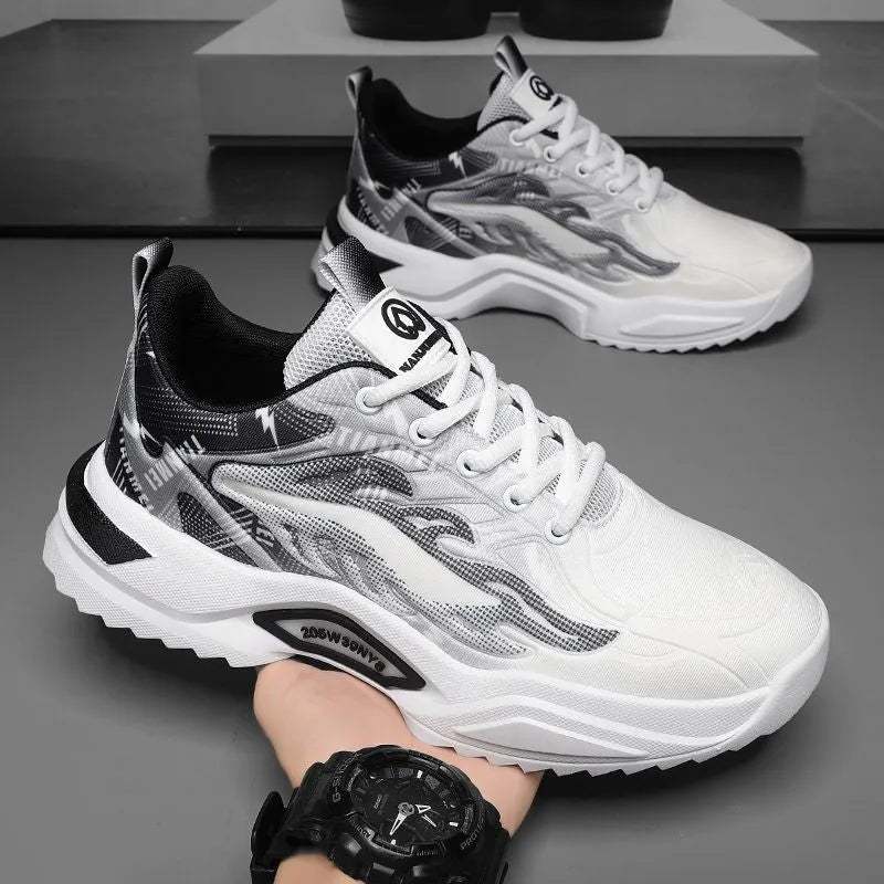 Men's spring casual sports mesh shoes synthetic leather upper rubber sole front lace-up round toe black and white 3529