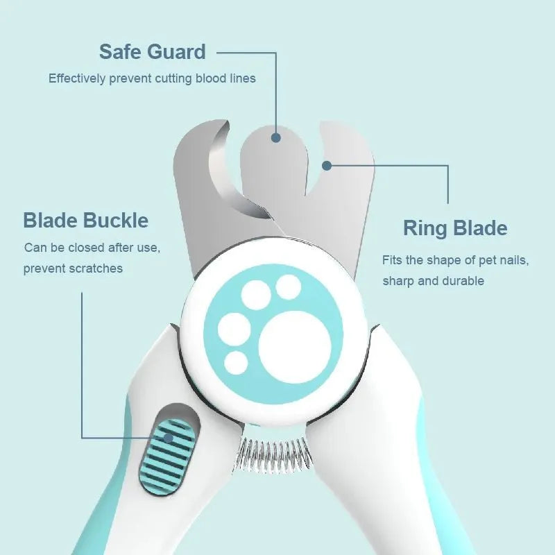Blue and white pet nail clippers with safety lock for dog and cat grooming