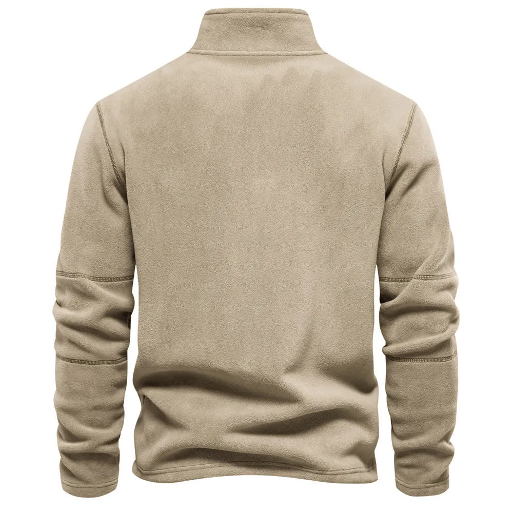 Men's stand-collar zippered sweatshirt with fleece lining in olive green, front view