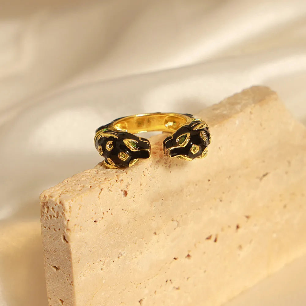 Black cheetah print open geometric ring for women, size No.7, made from electroplated copper.
