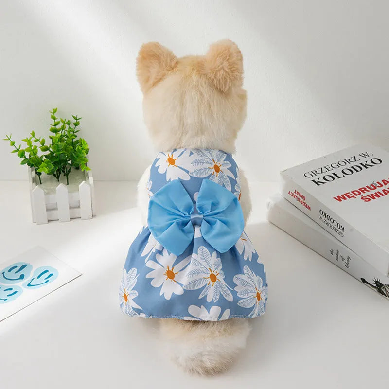 Ultra-thin polyester pet dress with floral butterfly knot design in multiple colour options