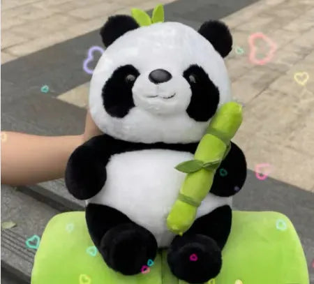 Plush panda pillow holding bamboo stalk, 25cm tall with PP cotton filling
