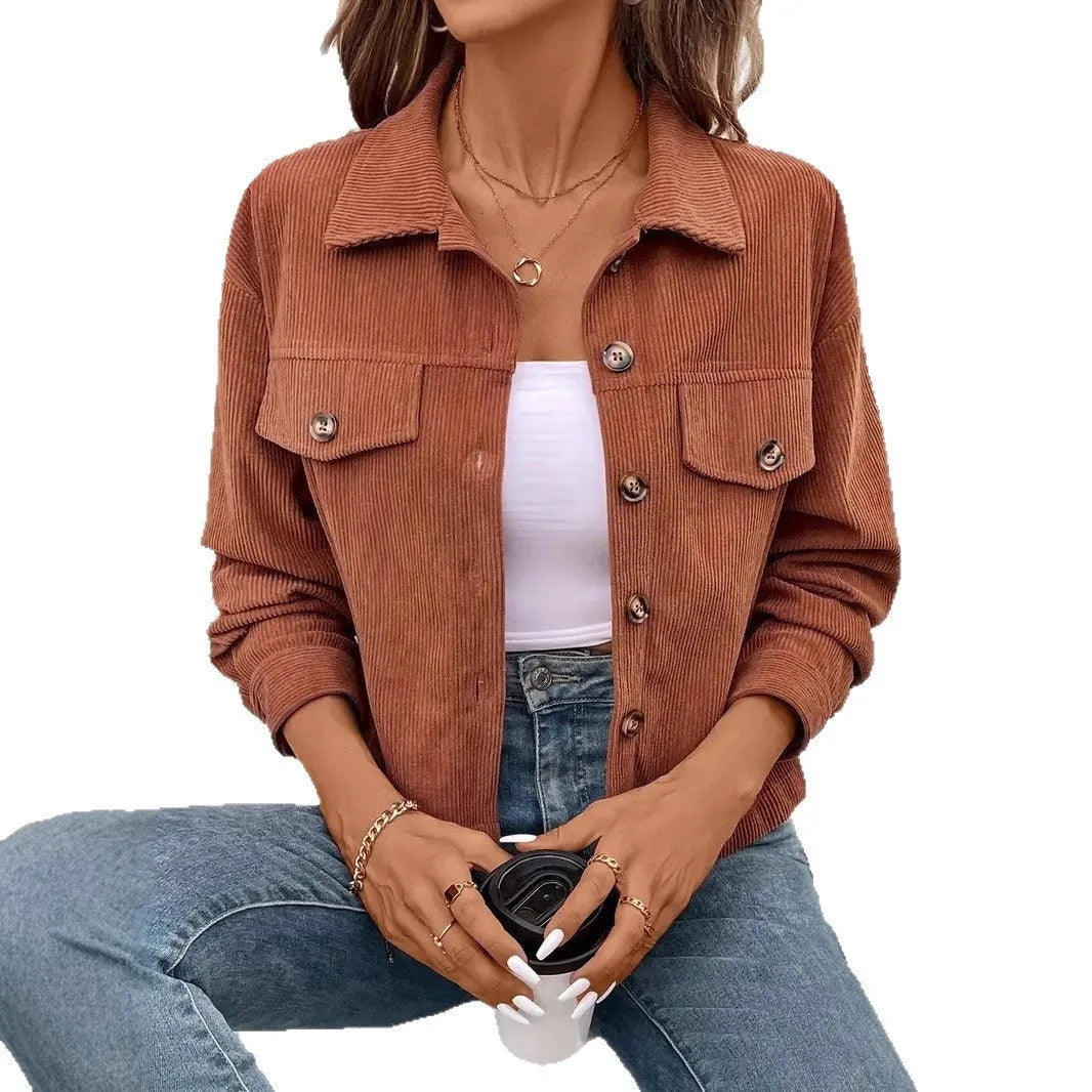 Women's retro artistic shirt coat jacket in medium thickness polyester fabric showing button-front design