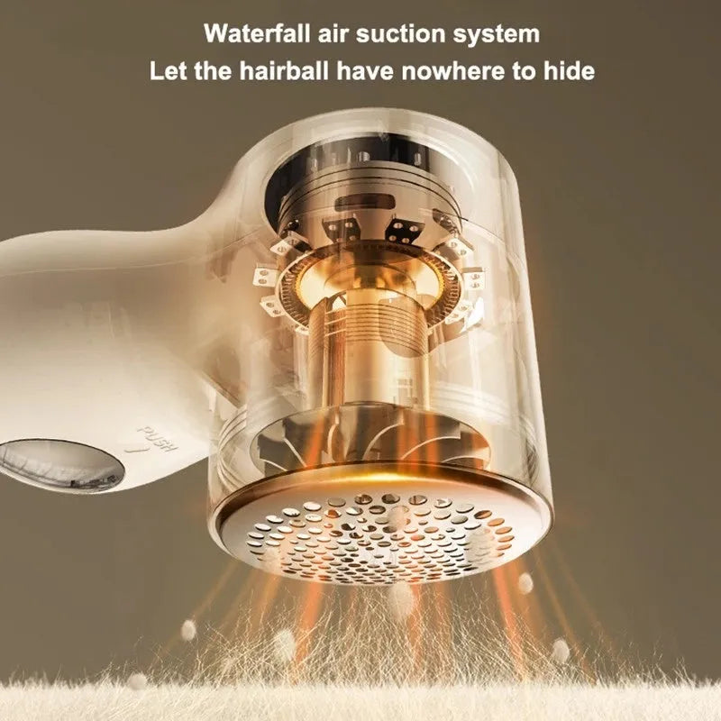 White electric lint remover with LED display, USB port, and stainless steel cutter head on a fabric background.