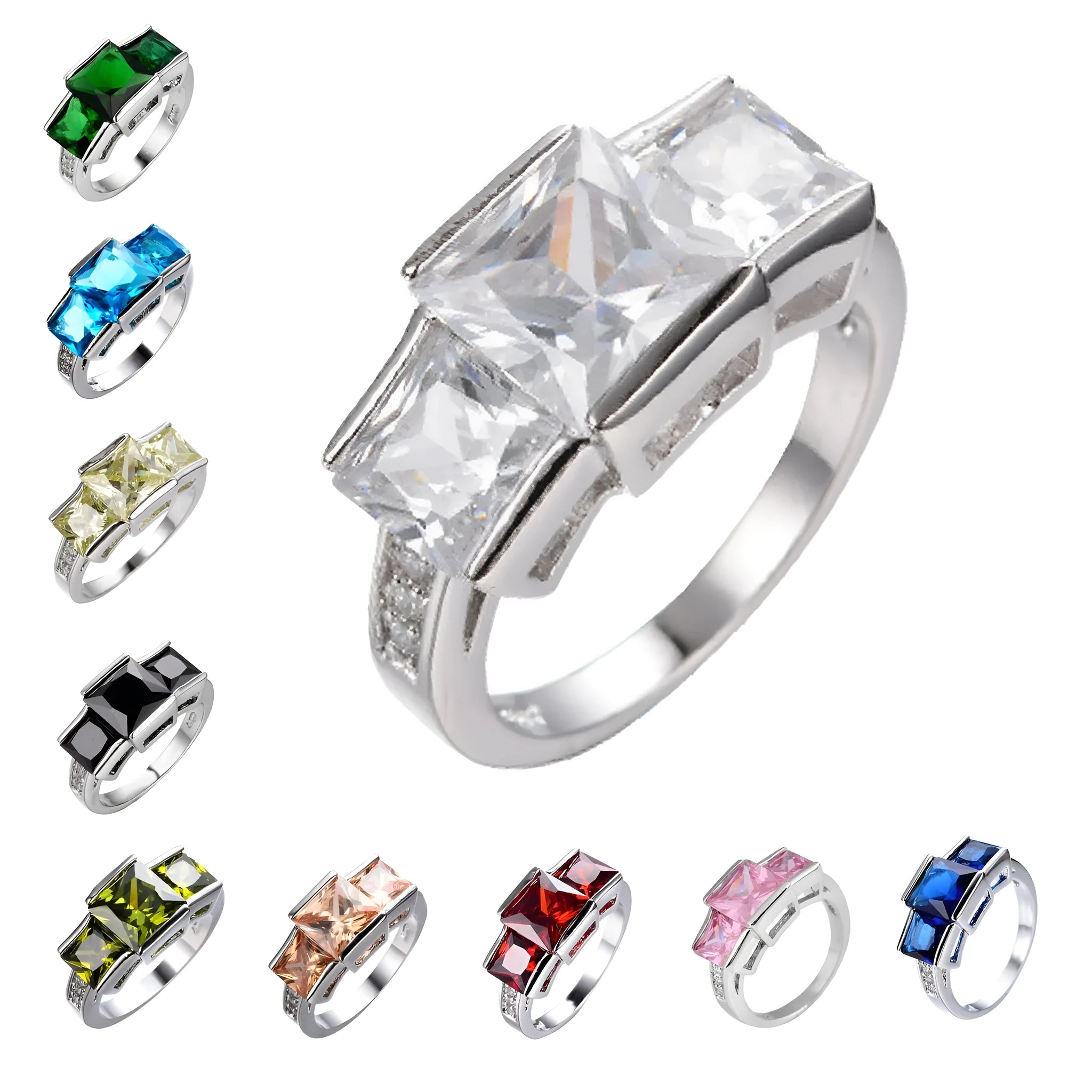 Geometric copper women's ring in various electroplated colours including red, blue, and green, showing size options.