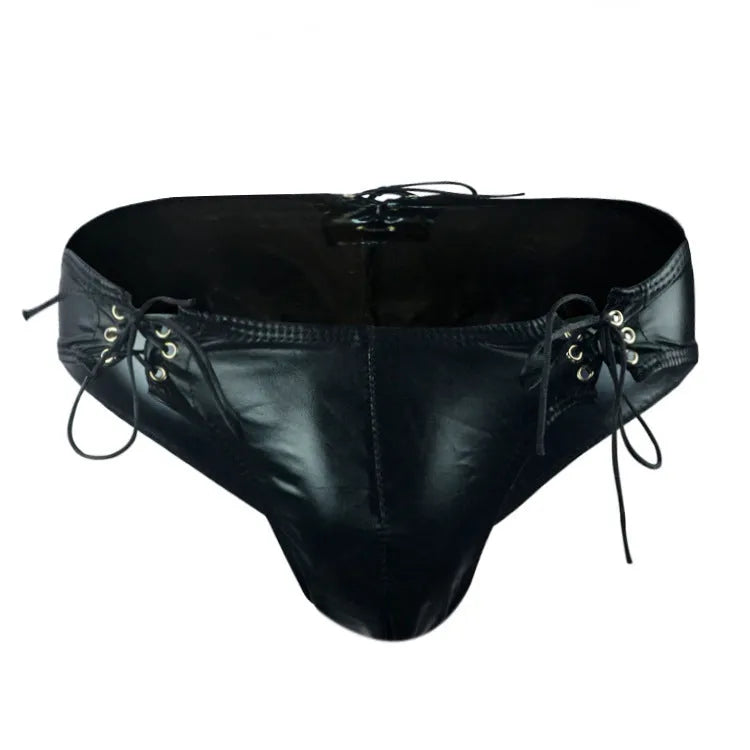 Men's black imitation leather string briefs laid flat showing stretchy waistband