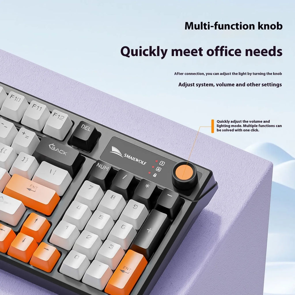 SK15 wired mechanical keyboard with control knob in sunset orange colour showing compact design