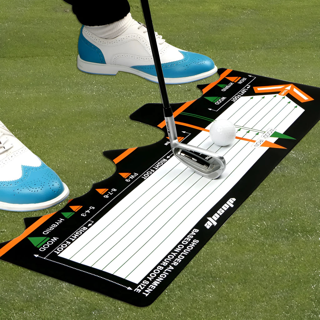 Black neoprene golf swing posture correction training pad on a green surface.
