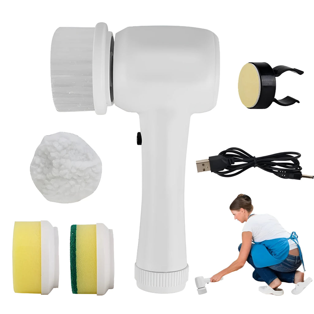 White cordless electric cleaning brush with multiple brush heads on storage bracket