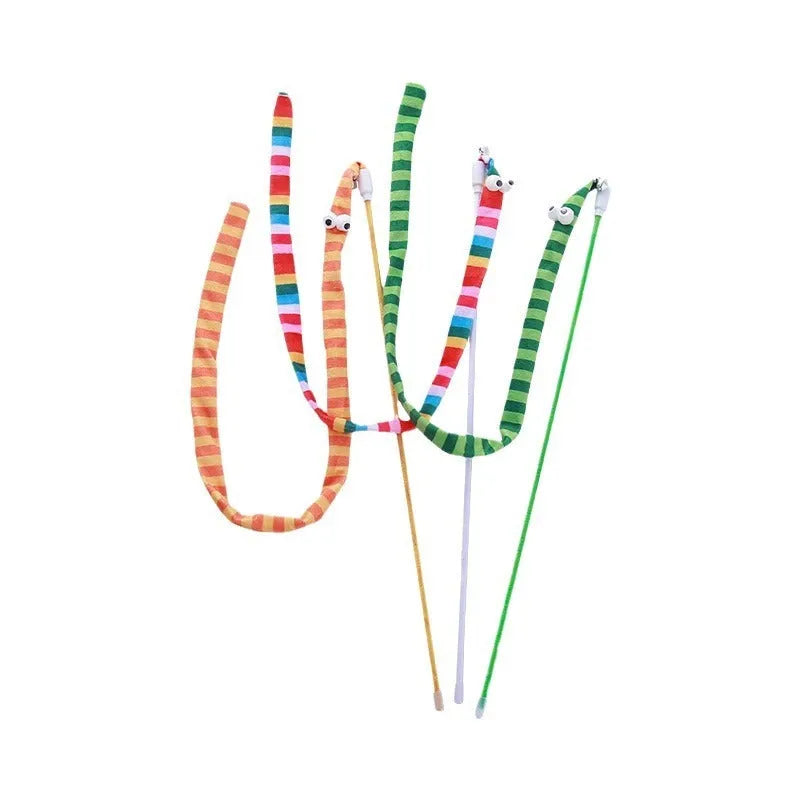 Cat wand toy with colourful plush strip and bell on a polycarbonate pole.