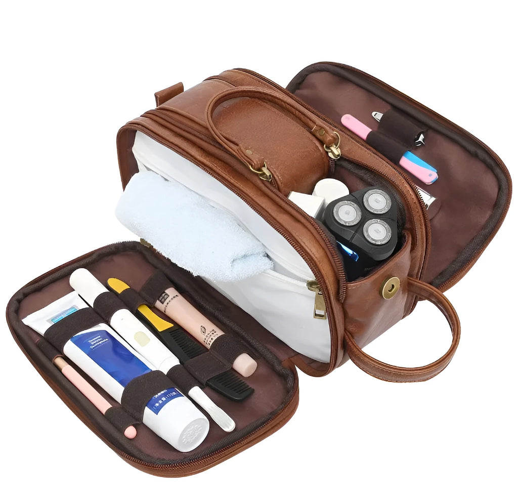 Black and brown solid colour men's PU leather toiletry bag for travel.