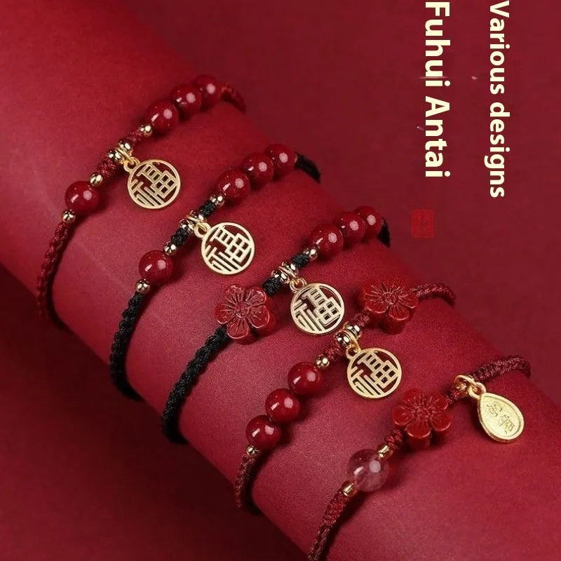 Cinnabar Ashore examination blessing bracelet with braided rope wristband and traditional ethnic styling