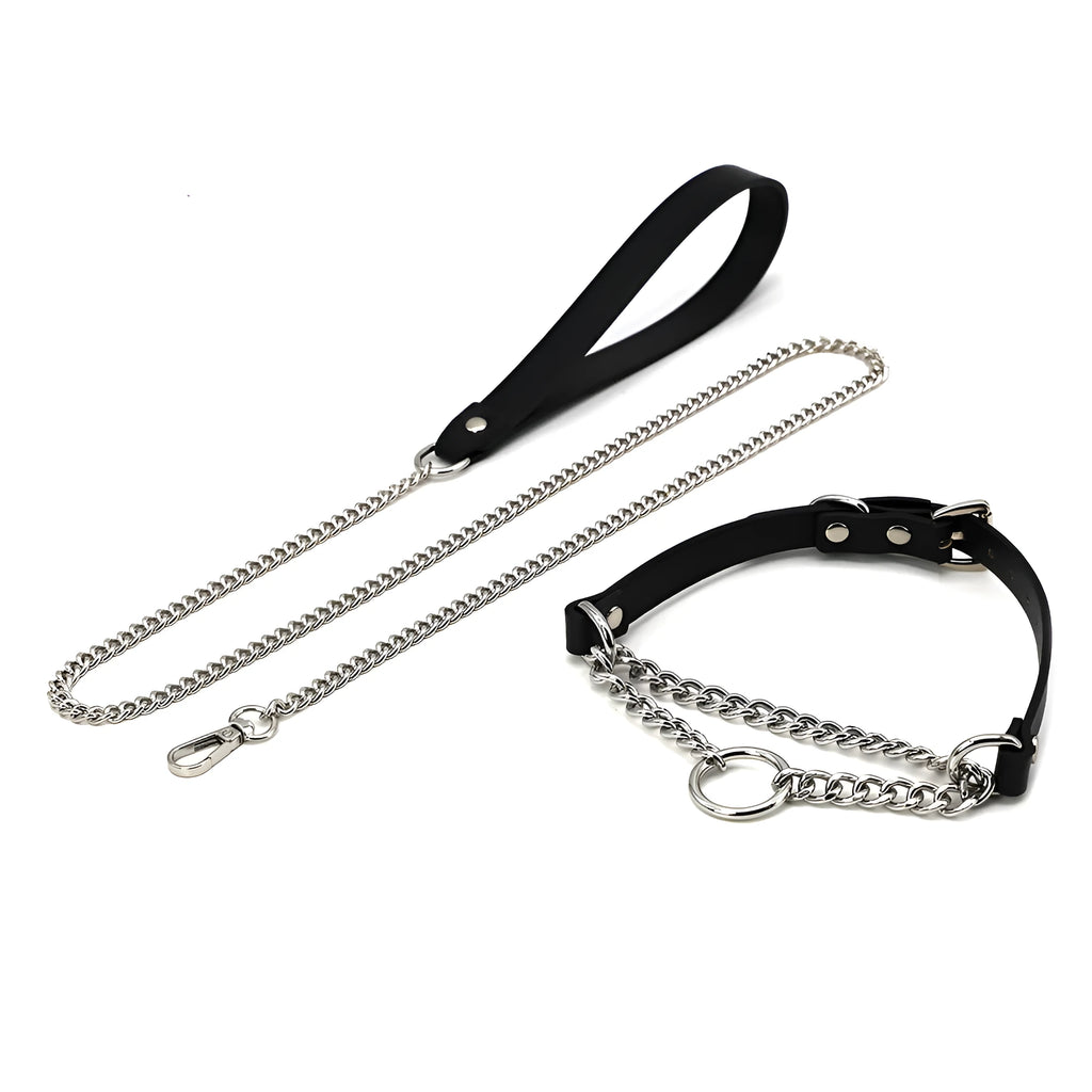 Black cowhide leather bondage collar and leash set with hand grip rope