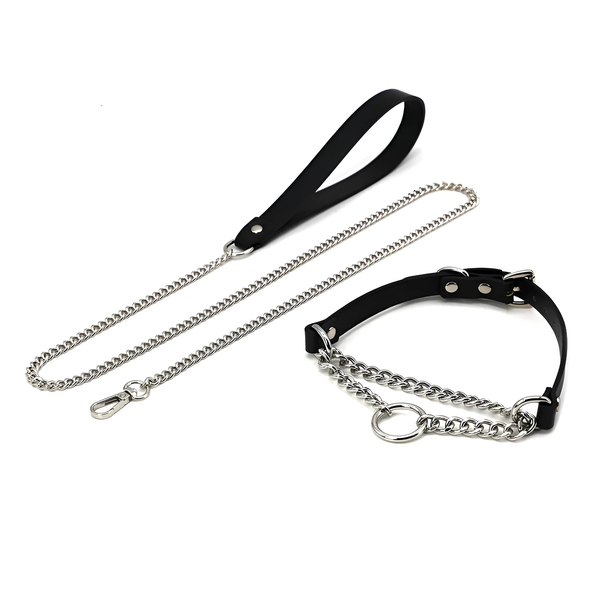 Black cowhide leather bondage collar and leash set with hand grip rope