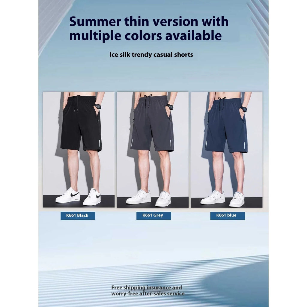 Men's thin ice silk quick-dry polyester running shorts in black, straight cut, front view