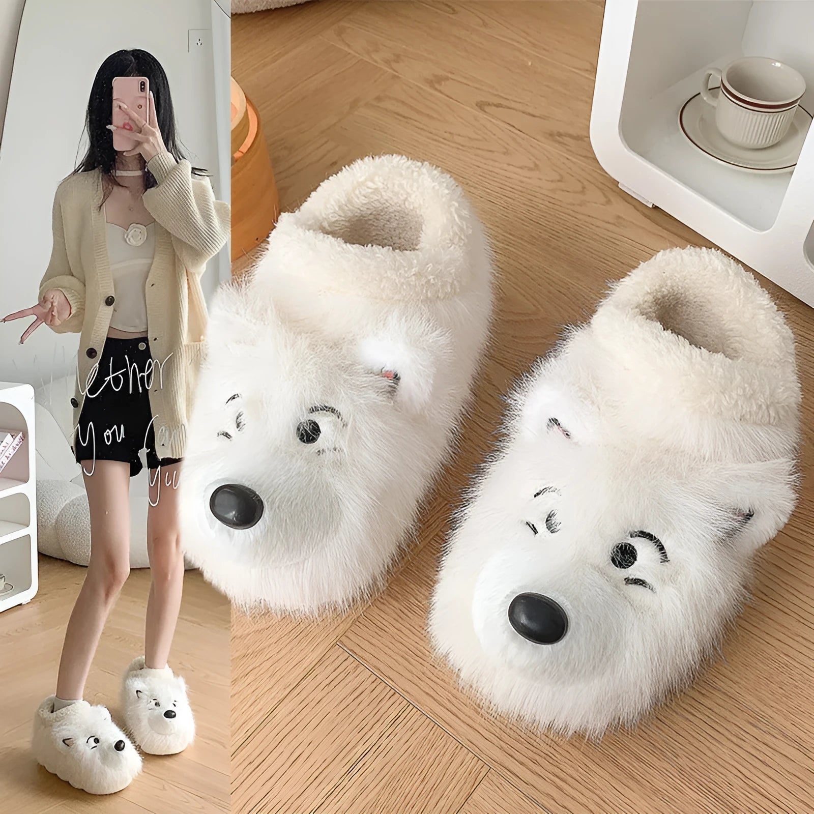 Grey ankle wrap plush slippers with artificial wool lining and a non-slip sole.