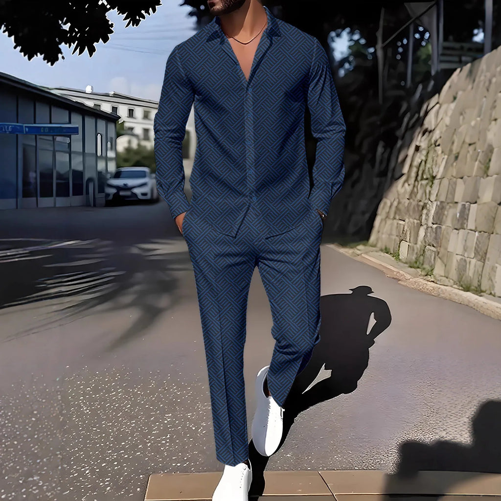 Men's plaid square grain print suit set with shirt-style jacket and trousers in navy blue