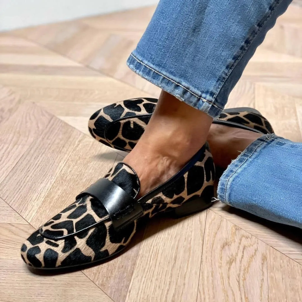 Women's apricot giraffe pattern suede flat loafers with rubber sole, low heel, and round toe