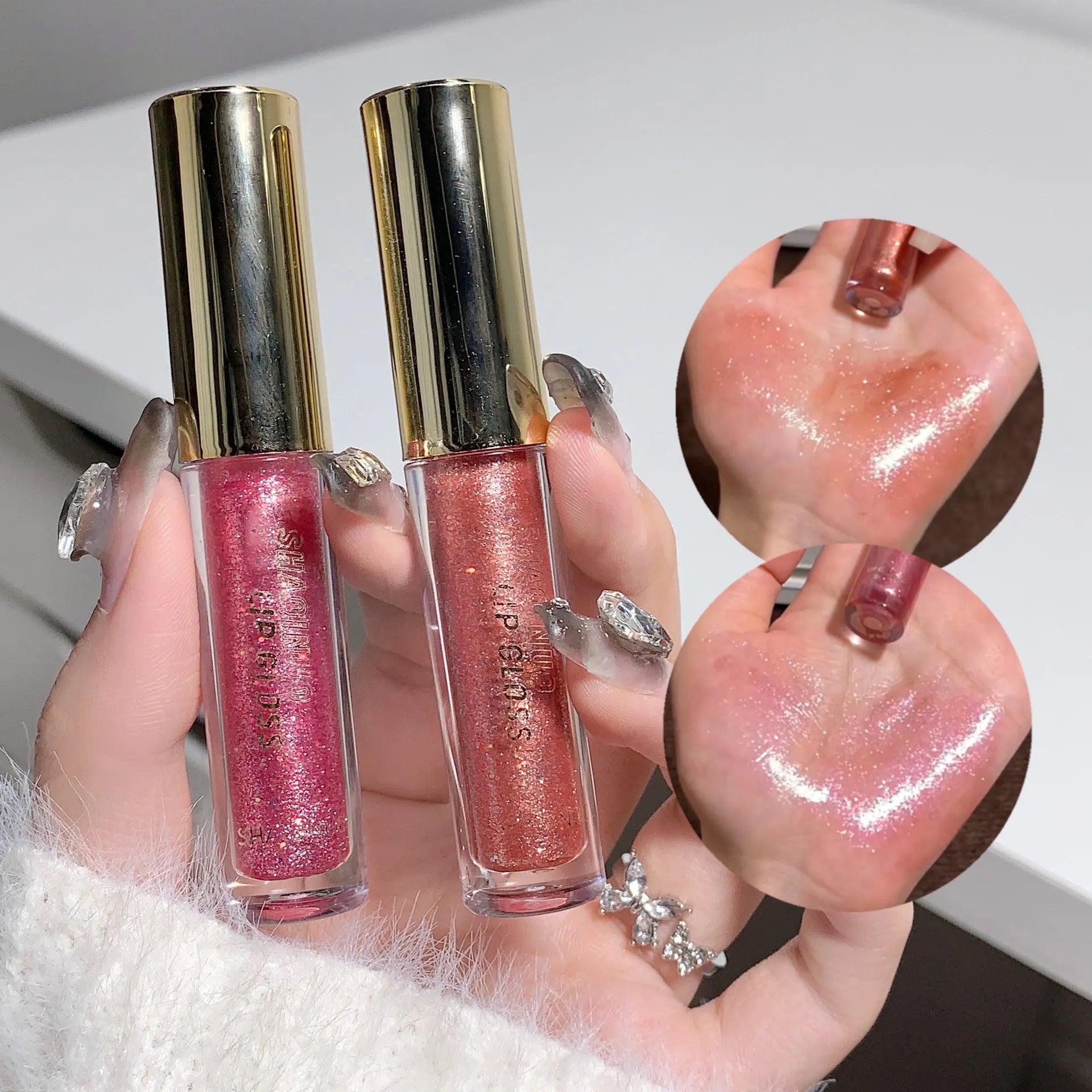 Shanuo Flash Lip Gloss in five colours: cherry blossom pink, gold flash, peach, purple, and berry red.