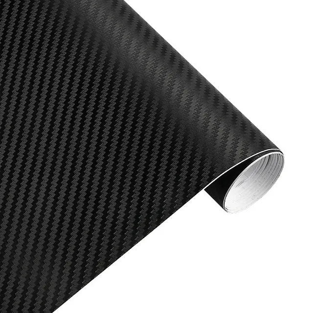3D carbon fibre car sticker roll in black with textured pattern on a white background