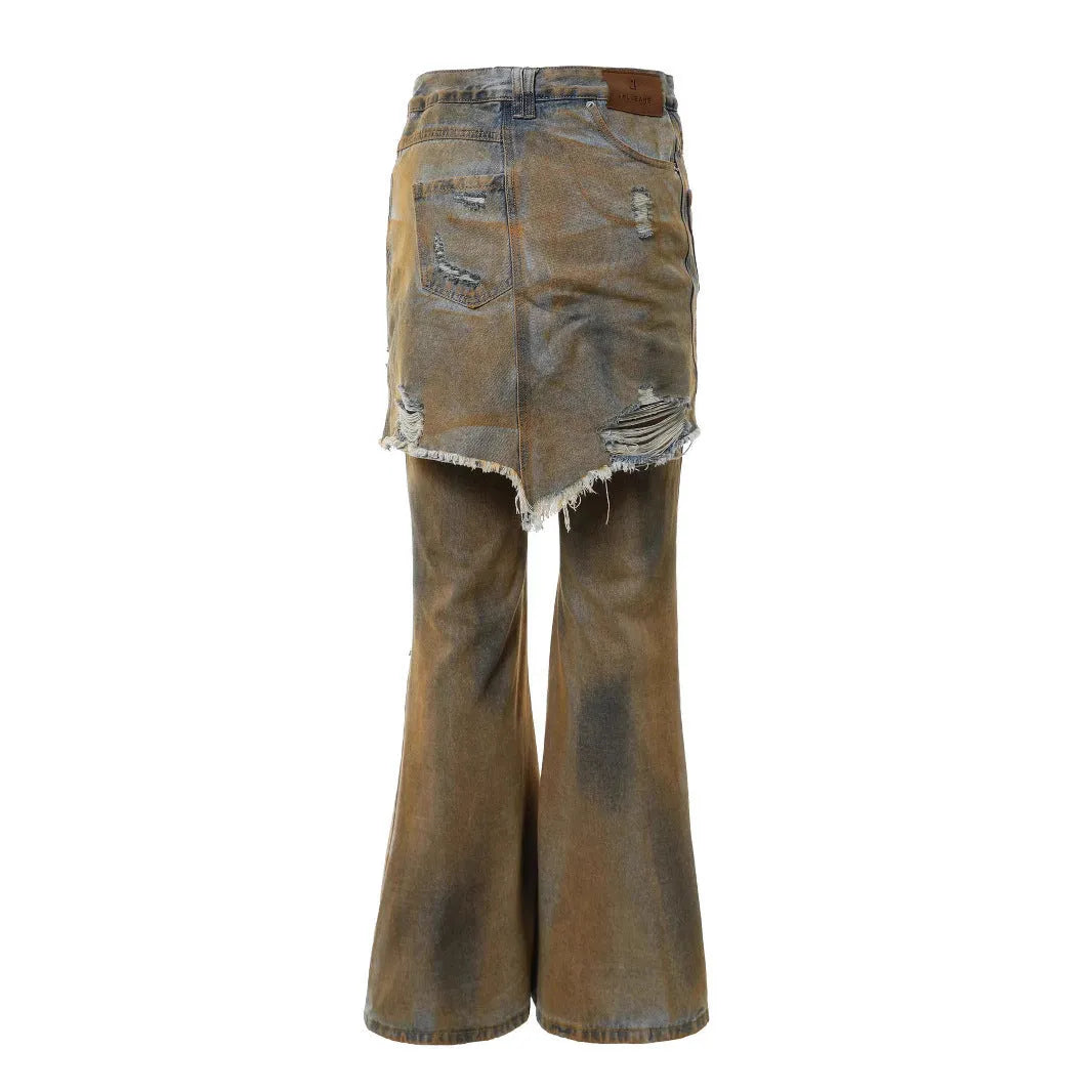 American Street loose hole bootcut trousers in denim, showing high waist and straight-leg style on a hanger.
