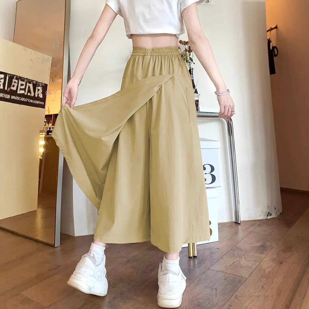 Camel colour wide leg skirt with elastic waistband and drape detailing
