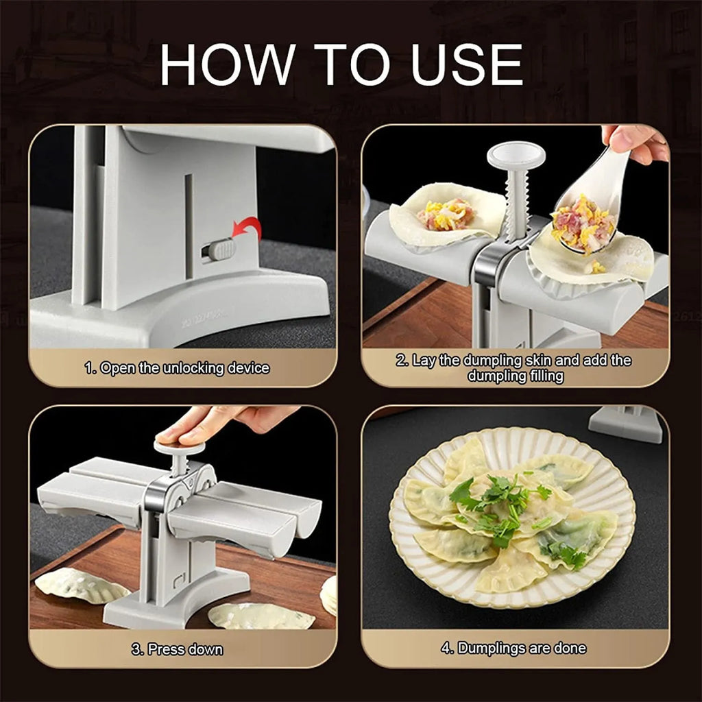 White double-head manual dumpling press with stainless steel mould and plastic handles