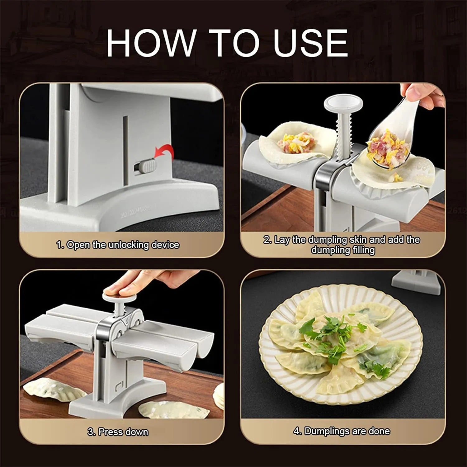 White double-head manual dumpling press with stainless steel mould and plastic handles