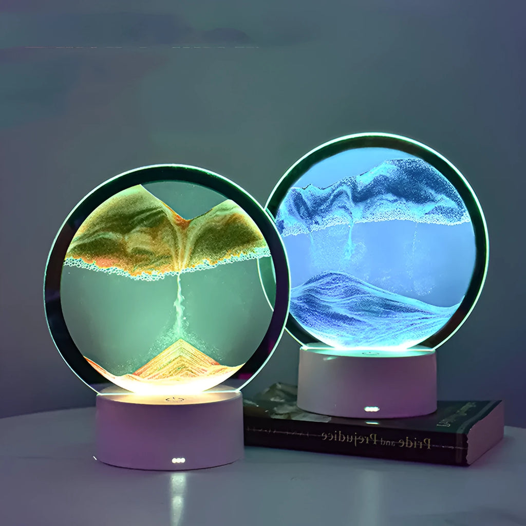 Quicksand hourglass lamp with colourful touch light and USB socket on a desktop