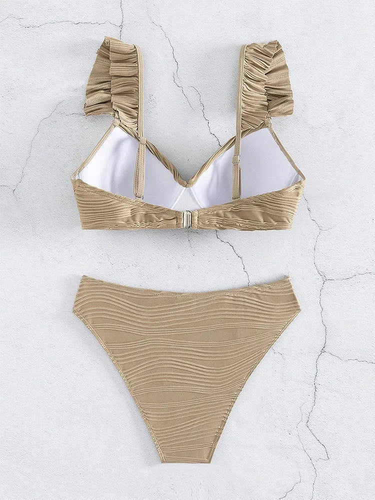 Women's solid colour bikini swimsuit set in black or khaki available in sizes S M L XL