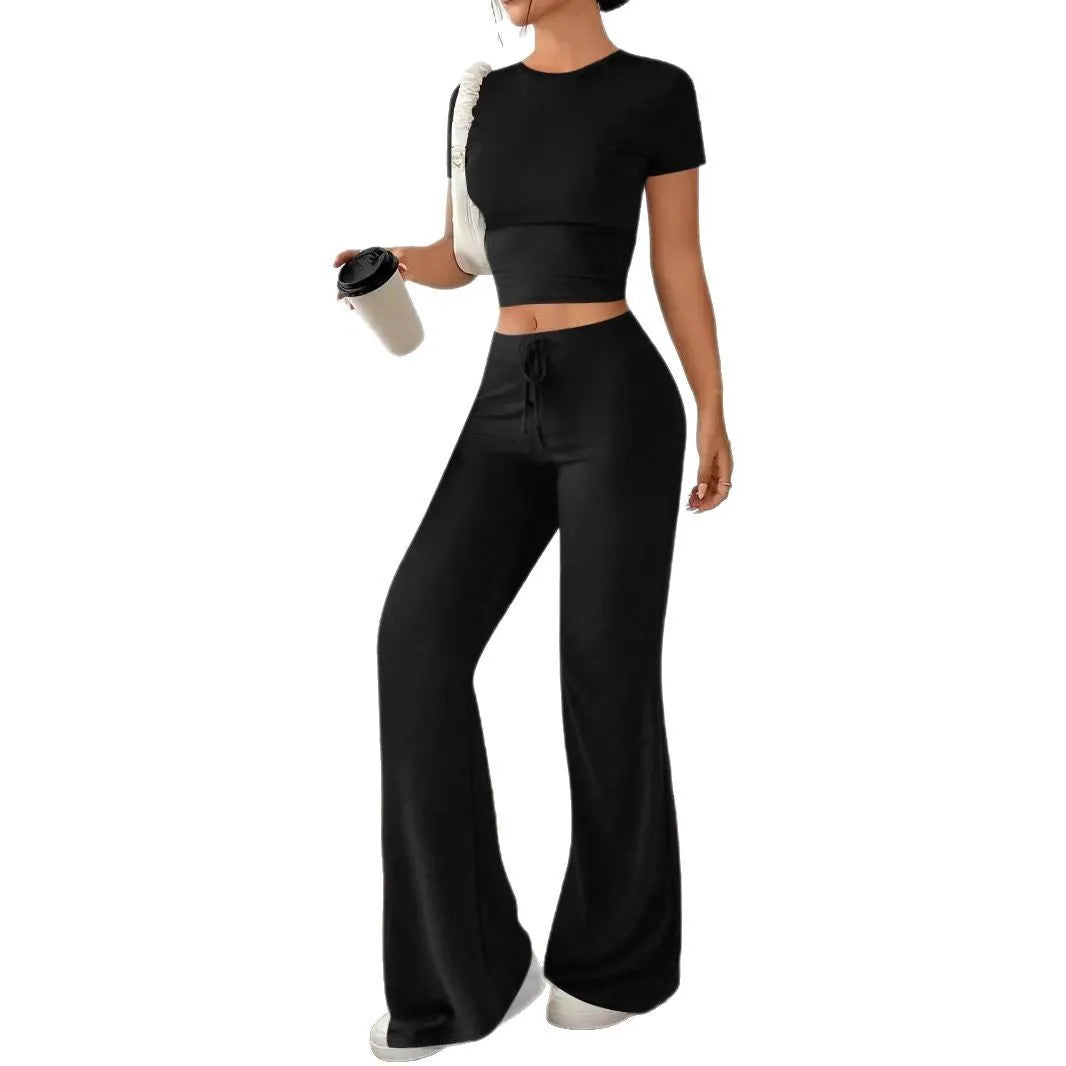 Black high waist trousers and matching short sleeve t-shirt set on hanger