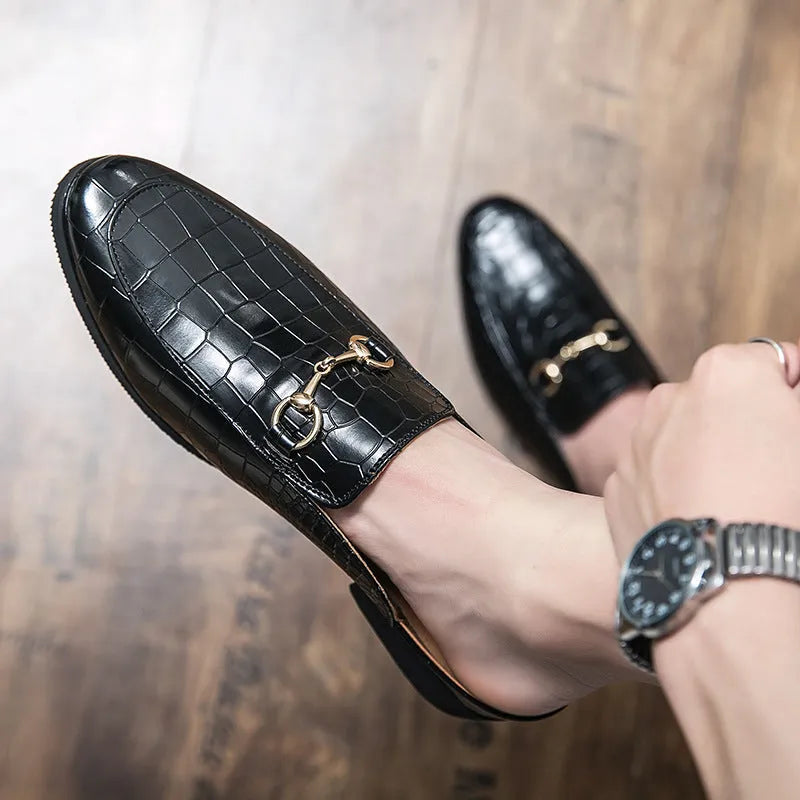 Men's lazy semi slipper leather shoes in black with artificial PU upper, side view